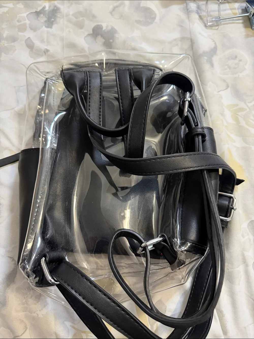 MMS Design Studio Black Clear PVC Mini Backpack with Faux Leather Pocket